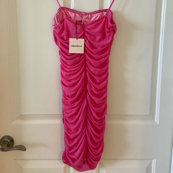 NWT Superdown Emmie Mesh Mini Dress Hot Pink Ruched Mesh Bodycon Revolve Sz M - Picture 4 of 10